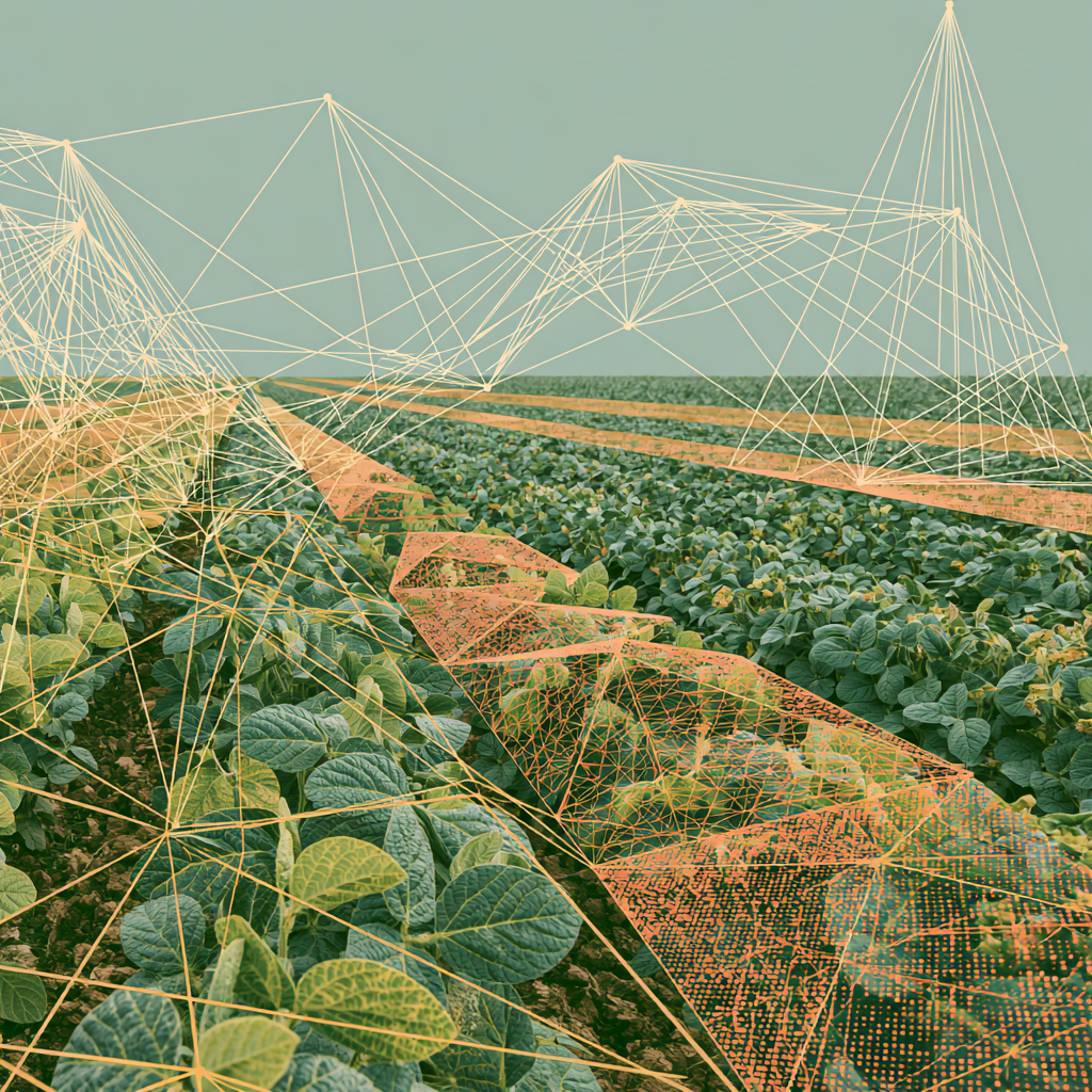 Campo de soja com sobreposição de rede neural simbolizando a plataforma Nexa IA