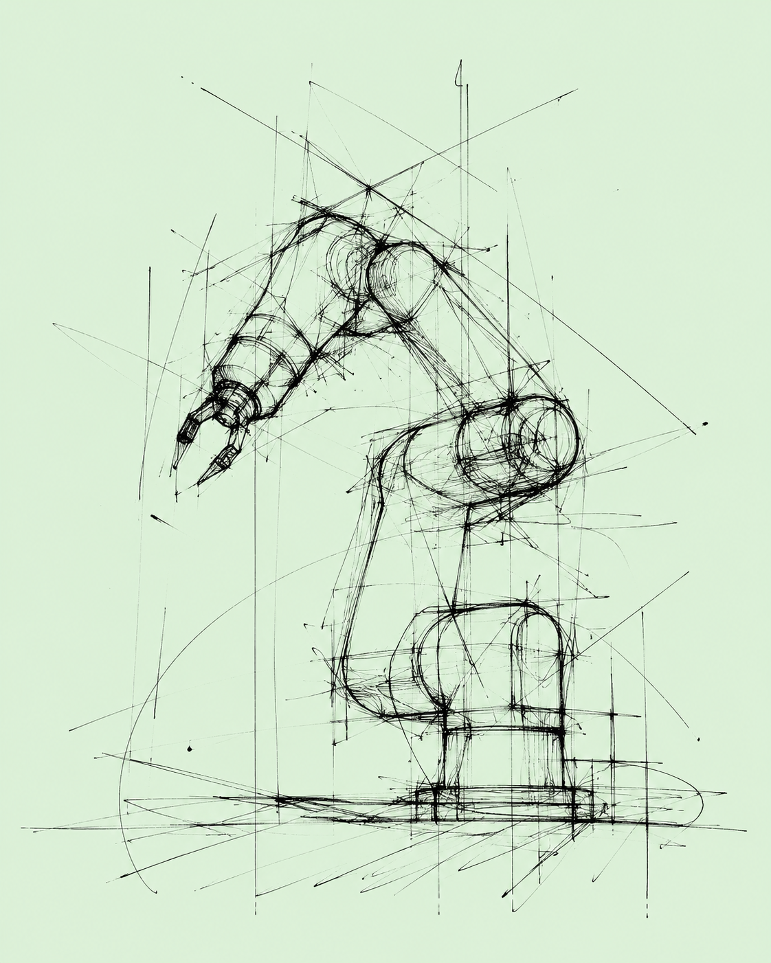 Ilustração técnica de braço robótico em estudo conceitual